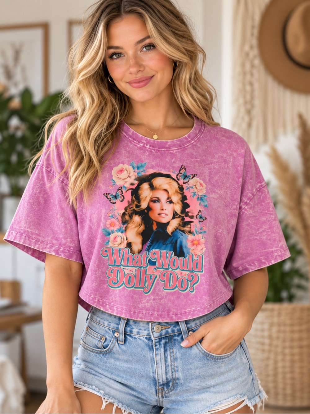 🆕 What Would Dolly Do? Oversized Crop Tee Purple Acid Wash S/M